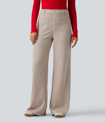 Ribbed High Waisted Tummy Control Wide Leg Casual Pants with Front Pockets Ribbed High Waisted Tummy Control Wide Leg Casual Pants with Front Pockets