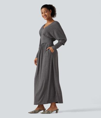V Neck Long Sleeve Ruched Maxi Casual Dress with Pockets