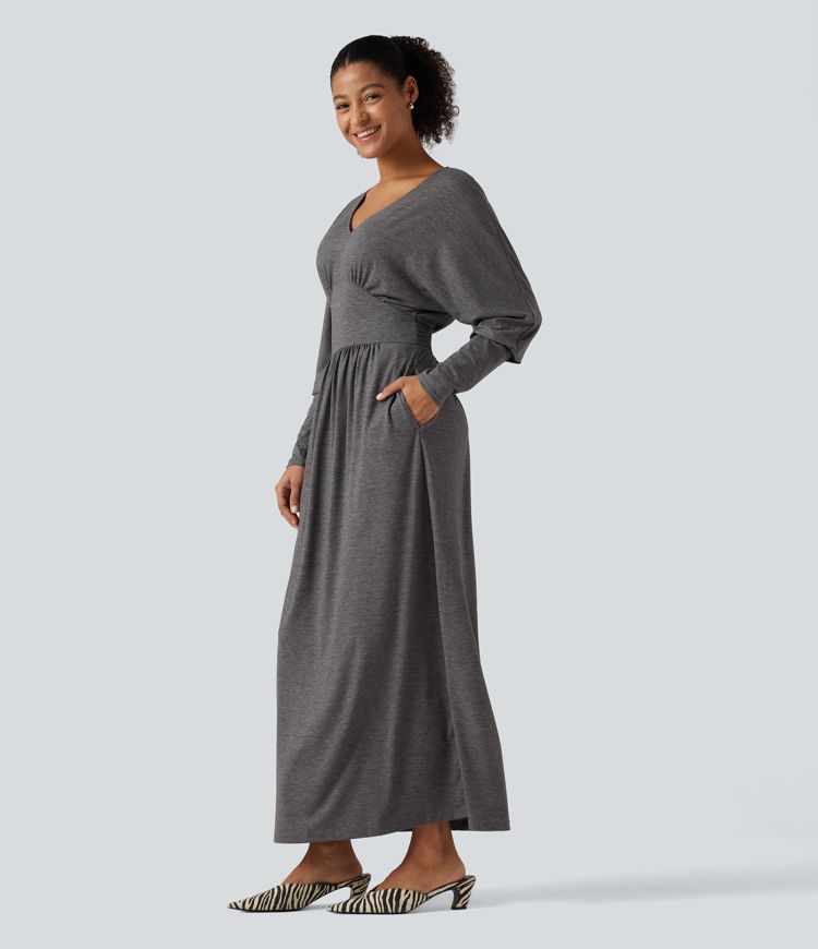 V Neck Long Sleeve Ruched Maxi Casual Dress with Pockets