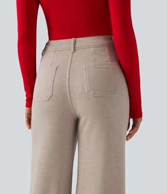 Ribbed High Waisted Tummy Control Wide Leg Casual Pants with Front Pockets Ribbed High Waisted Tummy Control Wide Leg Casual Pants with Front Pockets
