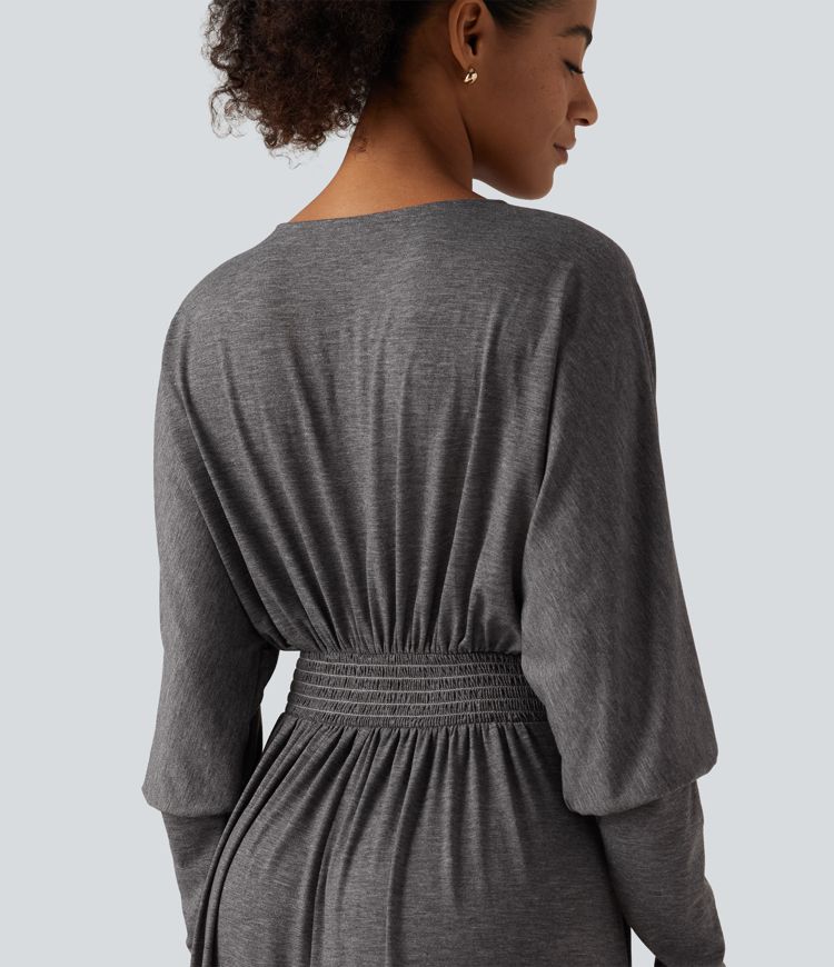 V Neck Long Sleeve Ruched Maxi Casual Dress with Pockets