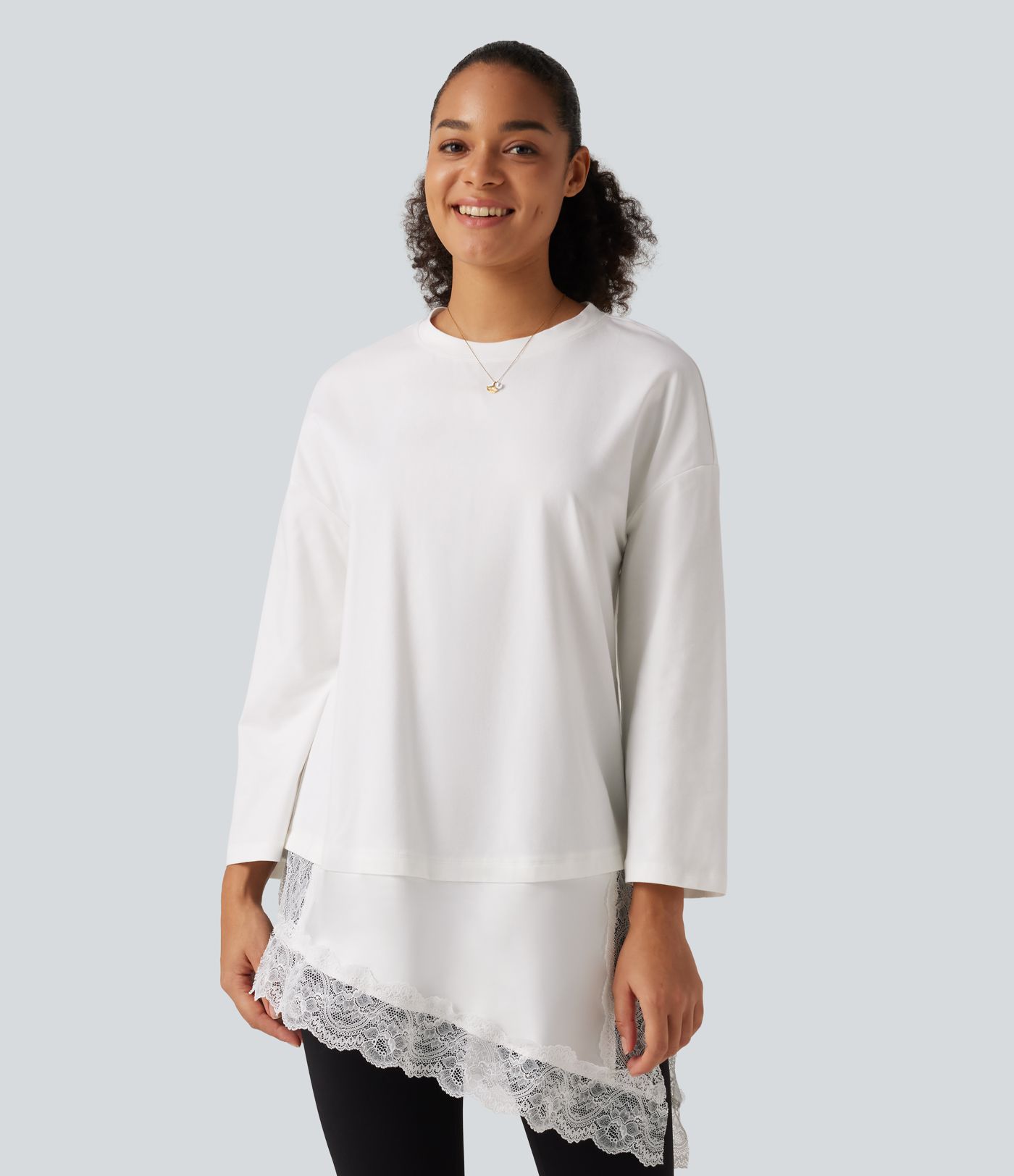 Round Neck Flounce 9/10 Sleeve Asymmetric Contrast Lace Casual Cotton T-Shirt