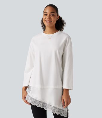 Round Neck Flounce 9/10 Sleeve Asymmetric Contrast Lace Casual Cotton T-Shirt