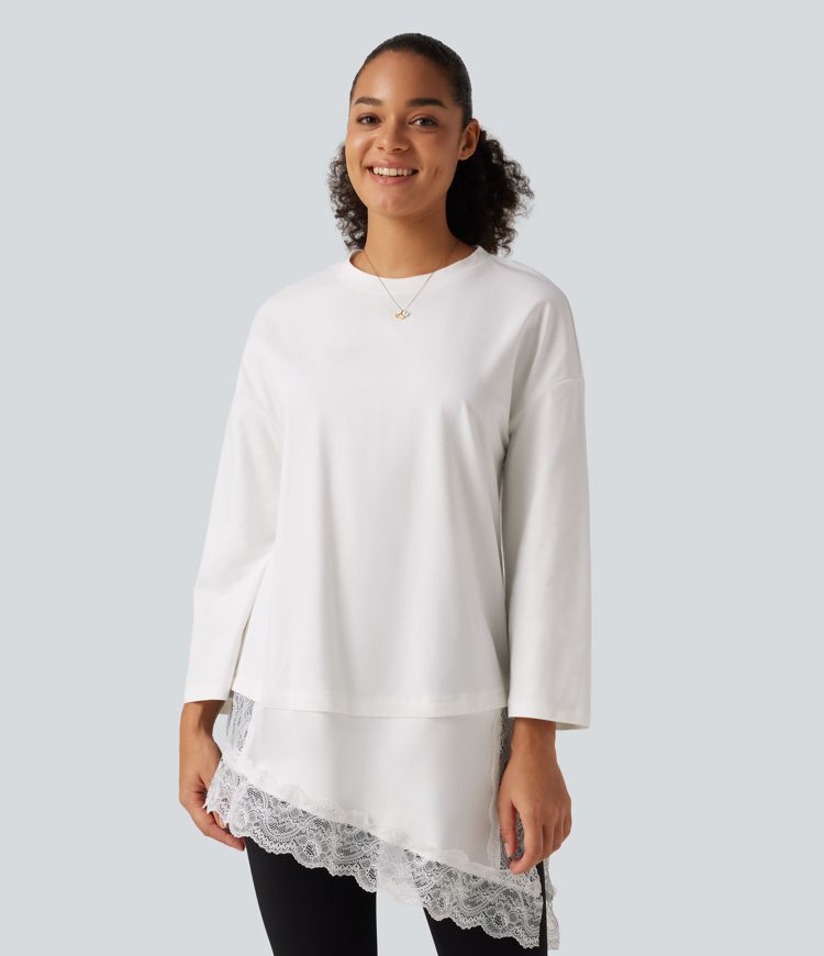 Round Neck Flounce 9/10 Sleeve Asymmetric Contrast Lace Casual Cotton T-Shirt