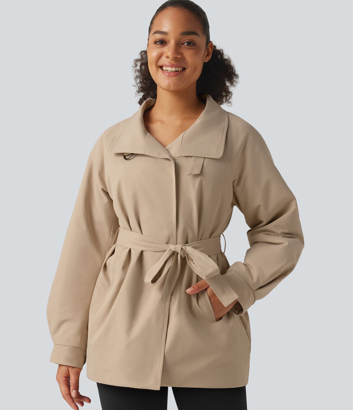 Water Repellent Lapel Collar Long Sleeve Belted Work Padded Jacket with Pockets Water Repellent Lapel Collar Long Sleeve Belted Work Padded Jacket with Pockets