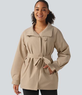 Water Repellent Lapel Collar Long Sleeve Belted Work Padded Jacket with Pockets Water Repellent Lapel Collar Long Sleeve Belted Work Padded Jacket with Pockets