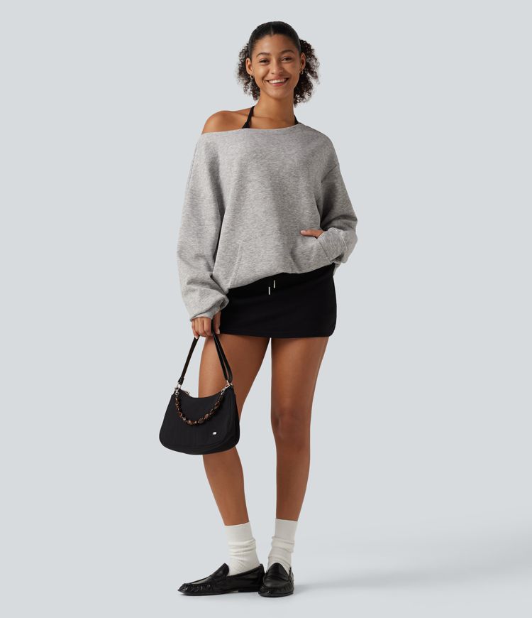 One Shoulder Long Sleeve Pullover Casual Sweatshirt with Pocket and Thumbholes