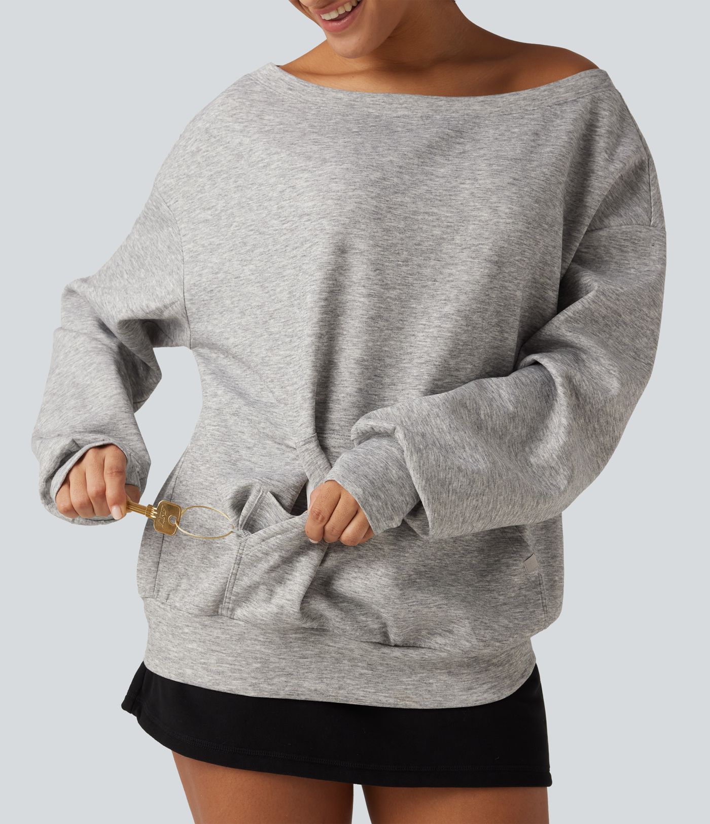 One Shoulder Long Sleeve Pullover Casual Sweatshirt with Pocket and Thumbholes