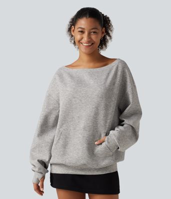 One Shoulder Long Sleeve Pullover Casual Sweatshirt with Pocket and Thumbholes
