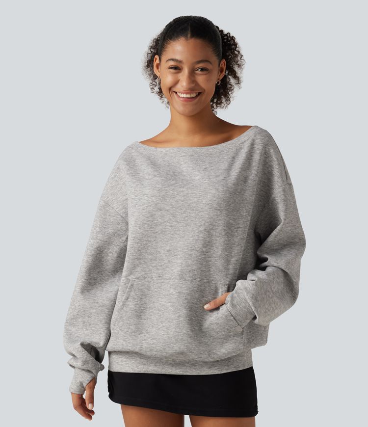 One Shoulder Long Sleeve Pullover Casual Sweatshirt with Pocket and Thumbholes