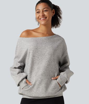 One Shoulder Long Sleeve Pullover Casual Sweatshirt with Pocket and Thumbholes One Shoulder Long Sleeve Pullover Casual Sweatshirt with Pocket and Thumbholes