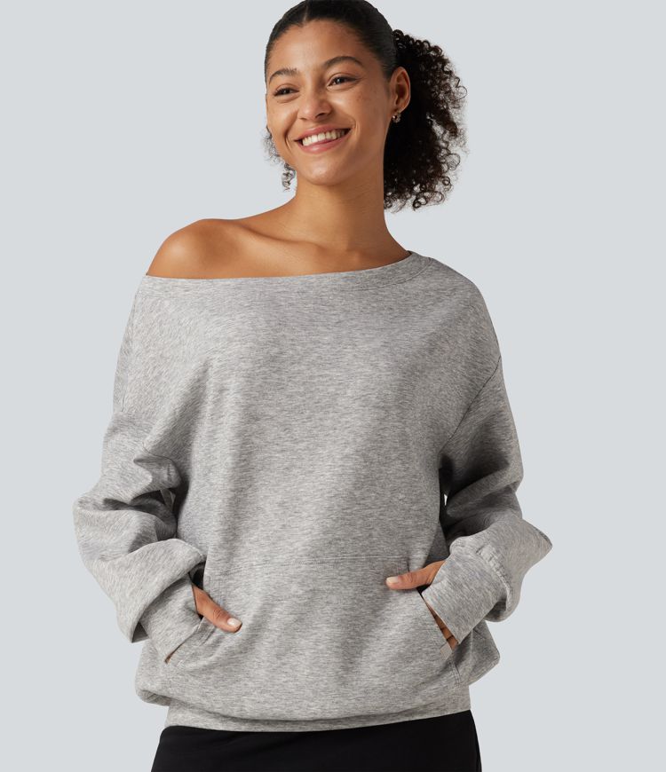 One Shoulder Long Sleeve Pullover Casual Sweatshirt with Pocket and Thumbholes One Shoulder Long Sleeve Pullover Casual Sweatshirt with Pocket and Thumbholes