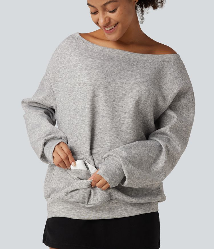 One Shoulder Long Sleeve Pullover Casual Sweatshirt with Pocket and Thumbholes