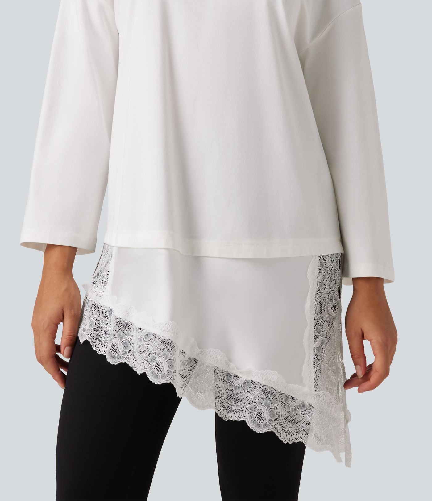 Round Neck Flounce 9/10 Sleeve Asymmetric Contrast Lace Casual Cotton T-Shirt