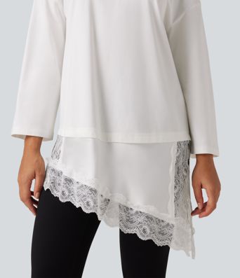 Round Neck Flounce 9/10 Sleeve Asymmetric Contrast Lace Casual Cotton T-Shirt