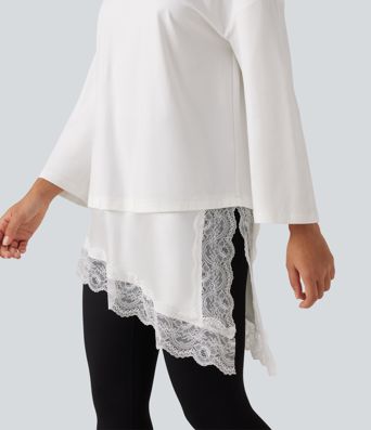 Round Neck Flounce 9/10 Sleeve Asymmetric Contrast Lace Casual Cotton T-Shirt