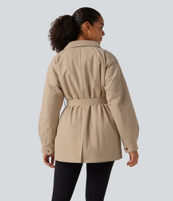 Water Repellent Lapel Collar Long Sleeve Belted Work Padded Jacket with Pockets Water Repellent Lapel Collar Long Sleeve Belted Work Padded Jacket with Pockets
