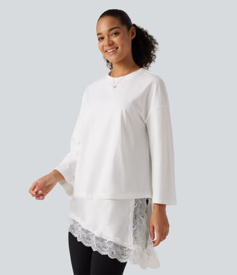 Round Neck Flounce 9/10 Sleeve Asymmetric Contrast Lace Casual Cotton T-Shirt