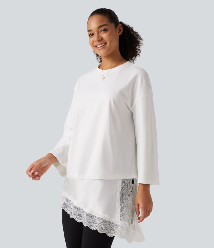 Round Neck Flounce 9/10 Sleeve Asymmetric Contrast Lace Casual Cotton T-Shirt