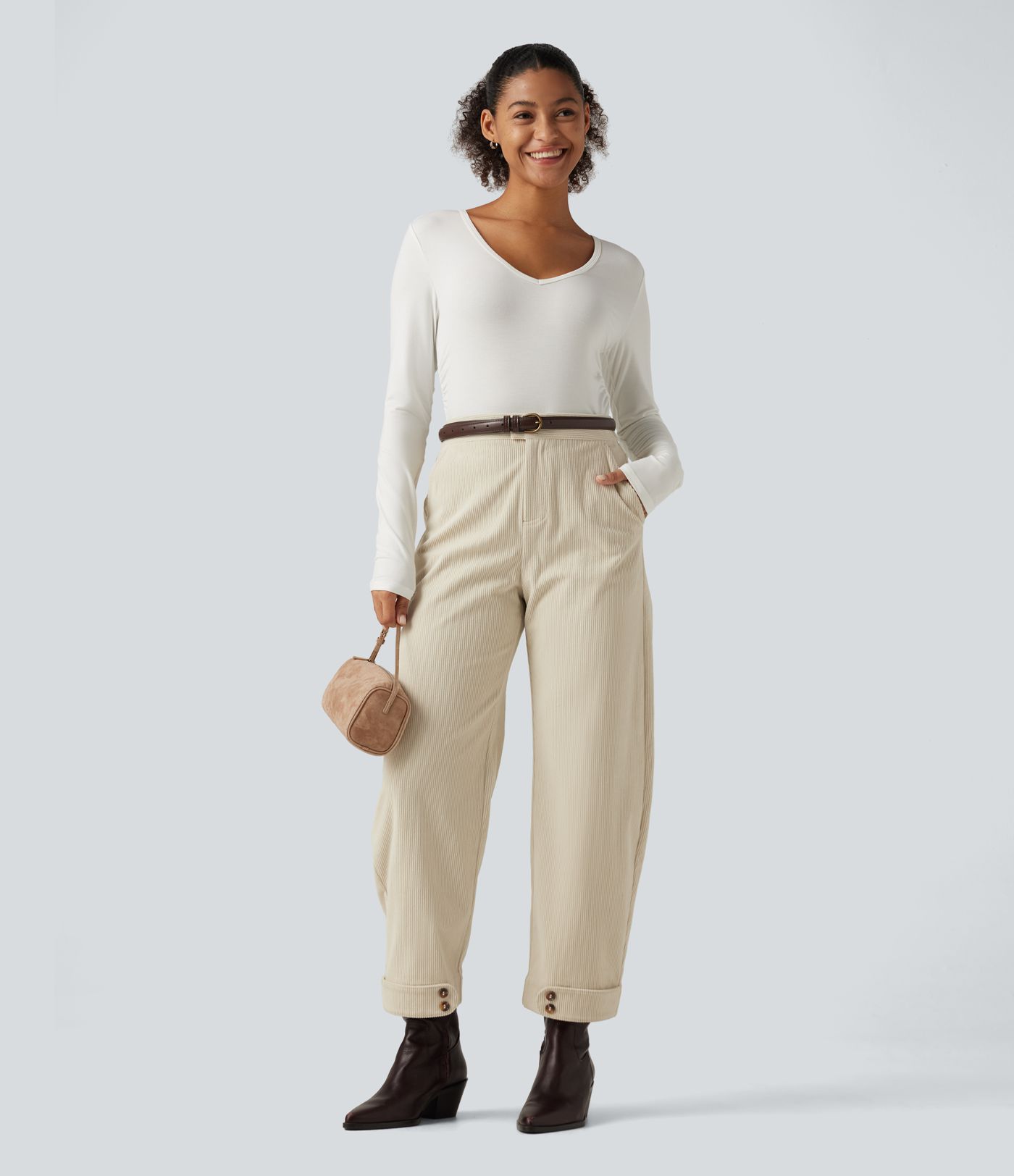 High Waisted Barrel Leg Corduroy Casual Pants with Pockets