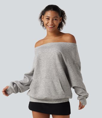One Shoulder Long Sleeve Pullover Casual Sweatshirt with Pocket and Thumbholes