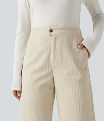 High Waisted Barrel Leg Corduroy Casual Pants with Pockets