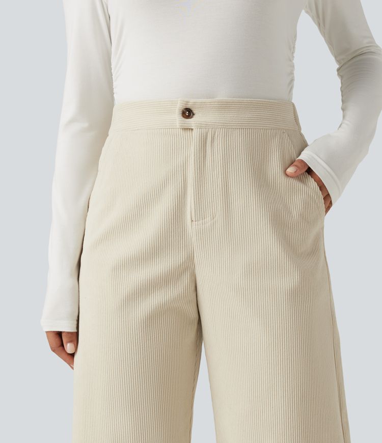 High Waisted Barrel Leg Corduroy Casual Pants with Pockets