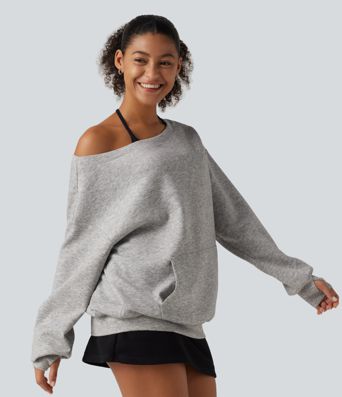 One Shoulder Long Sleeve Pullover Casual Sweatshirt with Pocket and Thumbholes