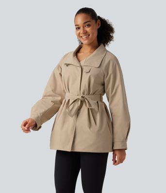 Water Repellent Lapel Collar Long Sleeve Belted Work Padded Jacket with Pockets Water Repellent Lapel Collar Long Sleeve Belted Work Padded Jacket with Pockets