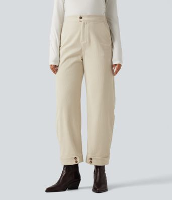 High Waisted Barrel Leg Corduroy Casual Pants with Pockets