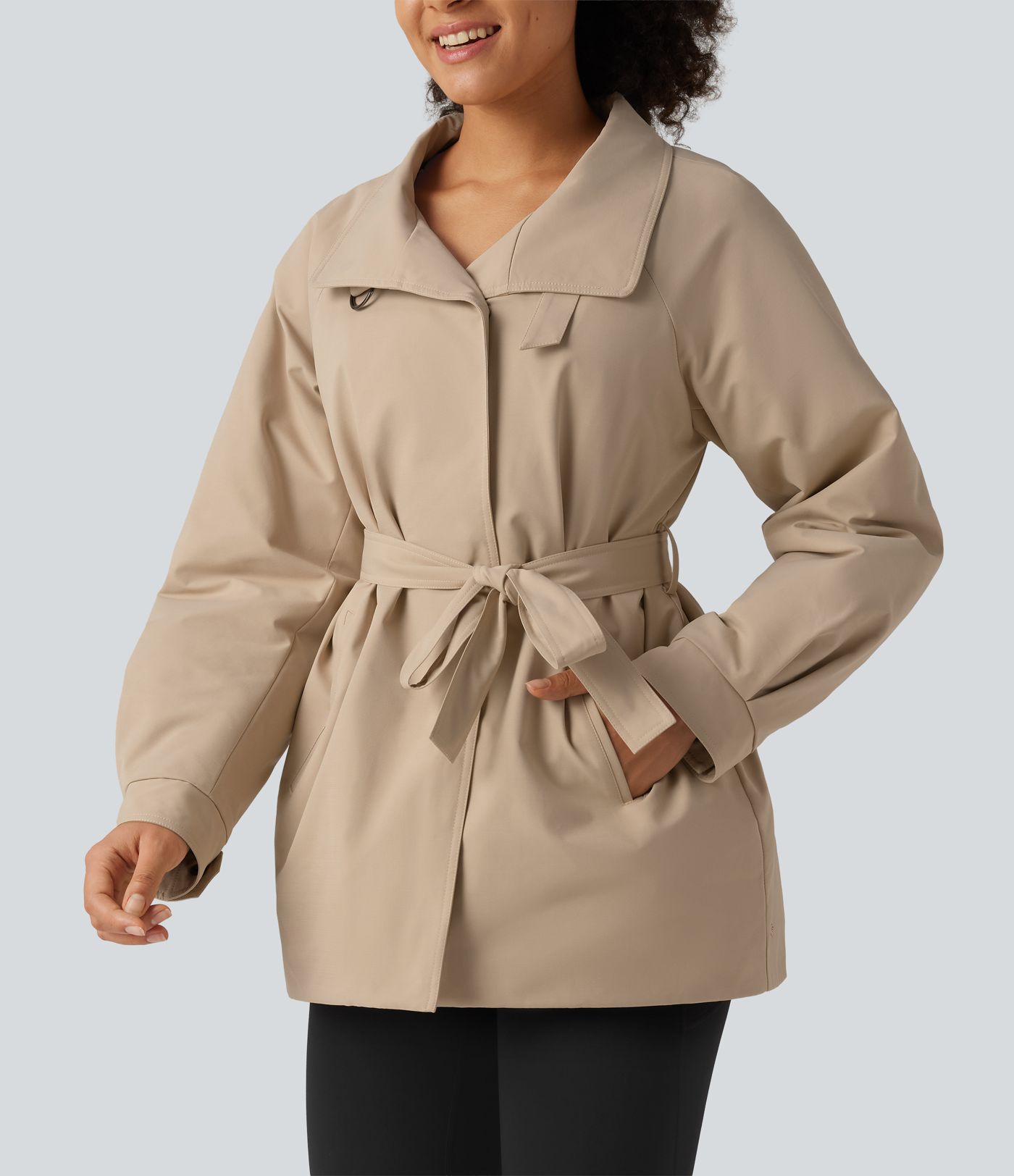 Water Repellent Lapel Collar Long Sleeve Belted Work Padded Jacket with Pockets Water Repellent Lapel Collar Long Sleeve Belted Work Padded Jacket with Pockets