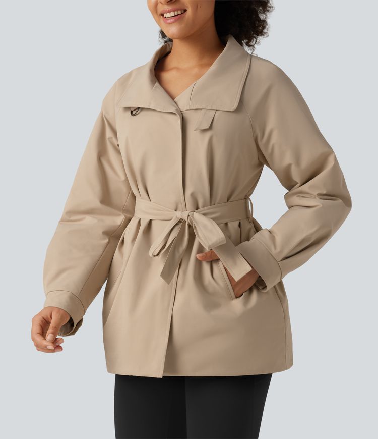 Water Repellent Lapel Collar Long Sleeve Belted Work Padded Jacket with Pockets Water Repellent Lapel Collar Long Sleeve Belted Work Padded Jacket with Pockets
