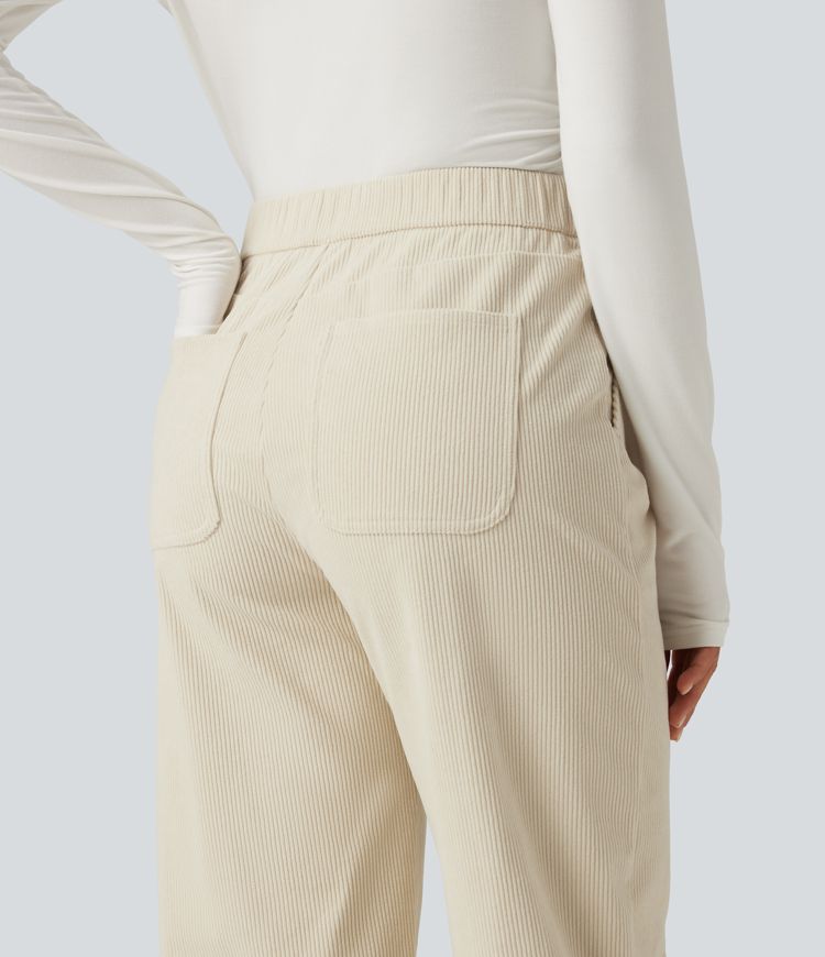 High Waisted Barrel Leg Corduroy Casual Pants with Pockets