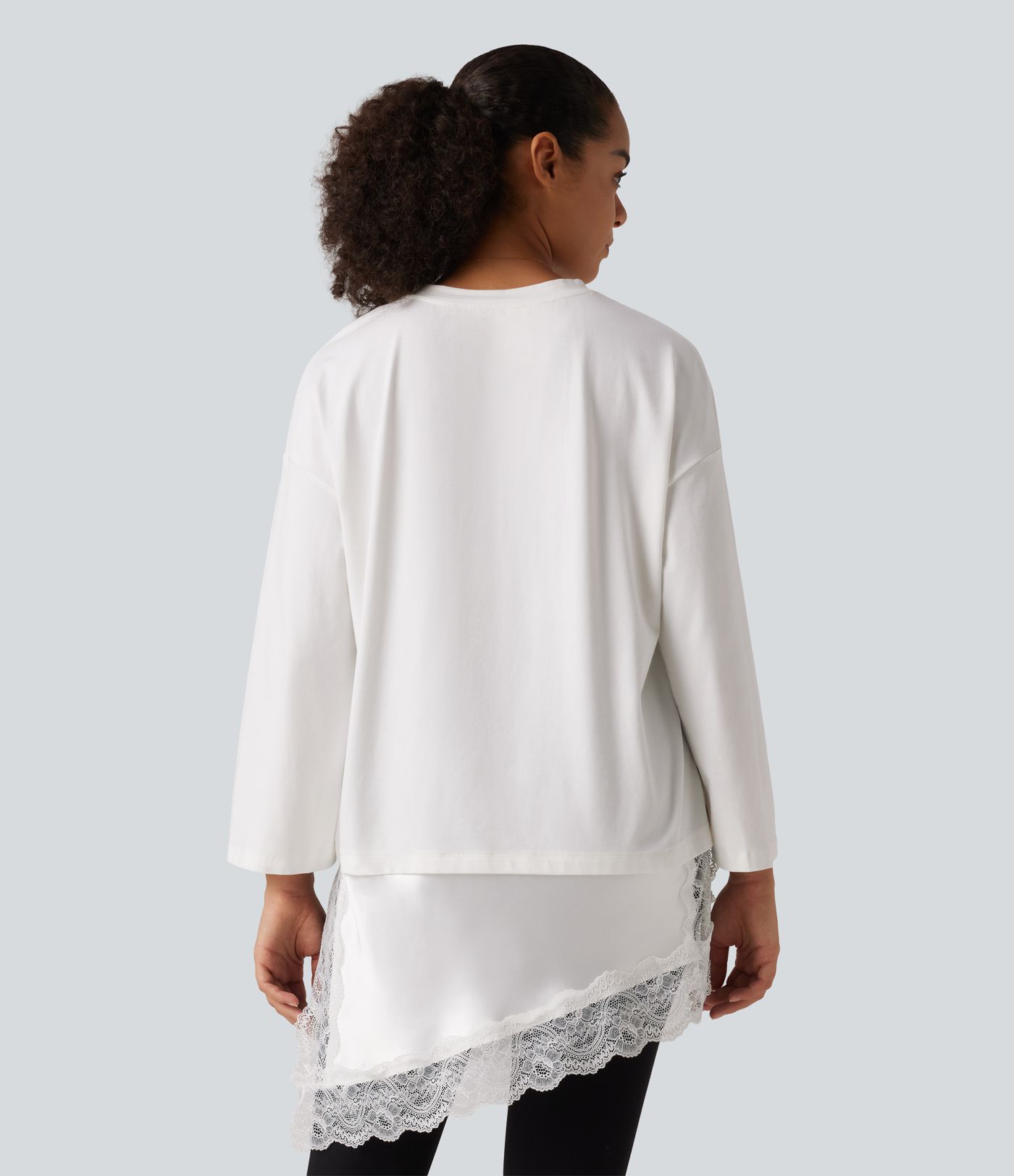 Round Neck Flounce 9/10 Sleeve Asymmetric Contrast Lace Casual Cotton T-Shirt