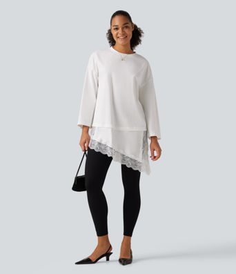 Round Neck Flounce 9/10 Sleeve Asymmetric Contrast Lace Casual Cotton T-Shirt