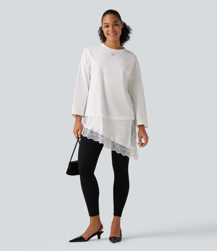 Round Neck Flounce 9/10 Sleeve Asymmetric Contrast Lace Casual Cotton T-Shirt