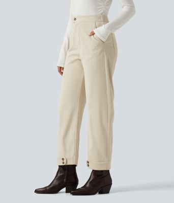 High Waisted Barrel Leg Corduroy Casual Pants with Pockets