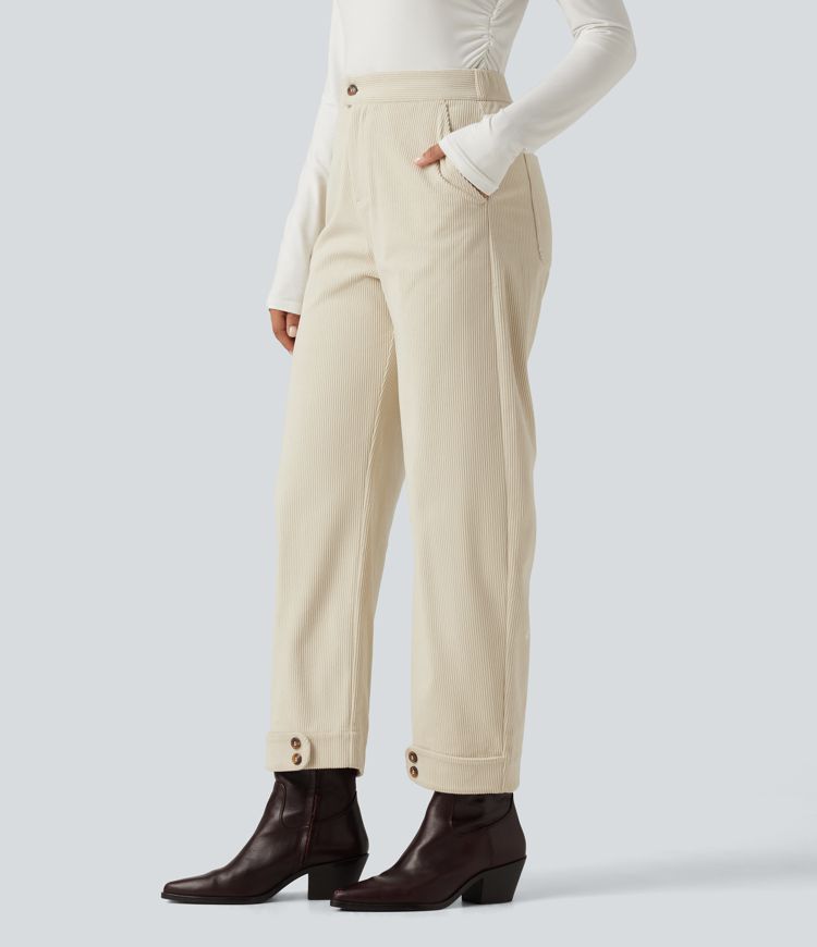 High Waisted Barrel Leg Corduroy Casual Pants with Pockets