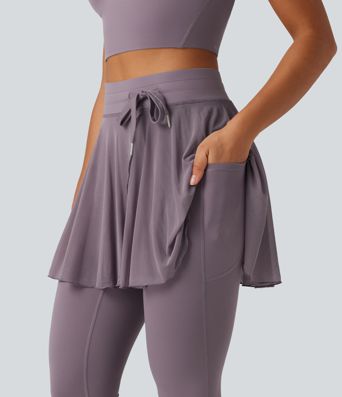 SoftlyZero™ High Waisted Drawstring Mesh Dance Skirted Leggings with Pockets