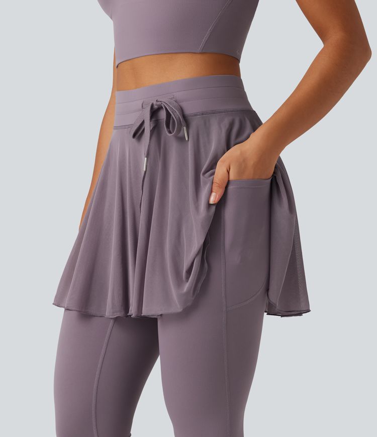 SoftlyZero™ High Waisted Drawstring Mesh Dance Skirted Leggings with Pockets
