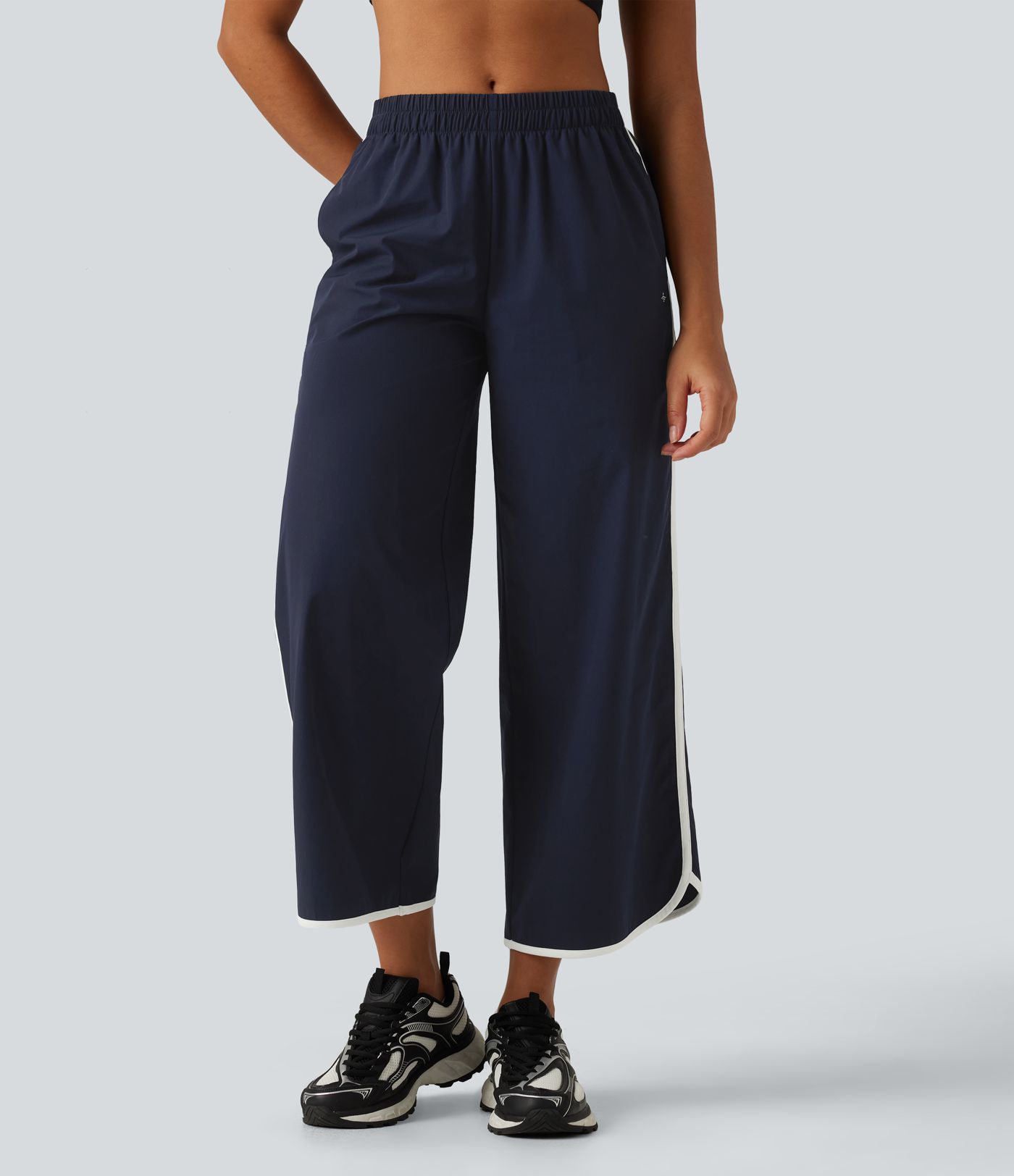 Mid Rise Curved Hem Wide Leg Color Block Running Pants with Pockets
