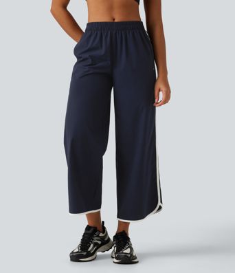 Mid Rise Curved Hem Wide Leg Color Block Running Pants with Pockets