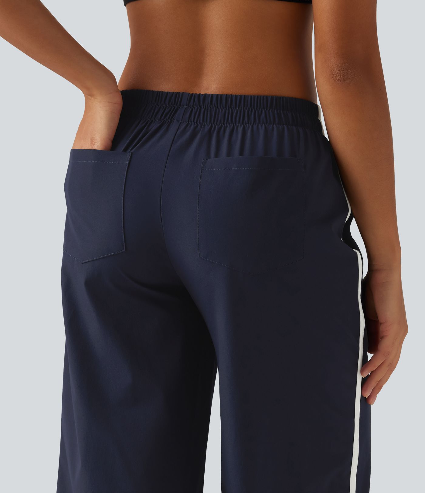 Mid Rise Curved Hem Wide Leg Color Block Running Pants with Pockets