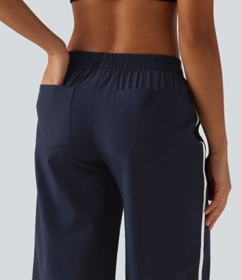 Mid Rise Curved Hem Wide Leg Color Block Running Pants with Pockets