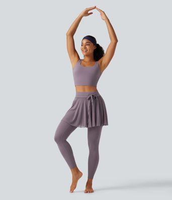 SoftlyZero™ High Waisted Drawstring Mesh Dance Skirted Leggings with Pockets