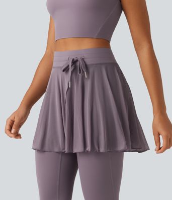 SoftlyZero™ High Waisted Drawstring Mesh Dance Skirted Leggings with Pockets