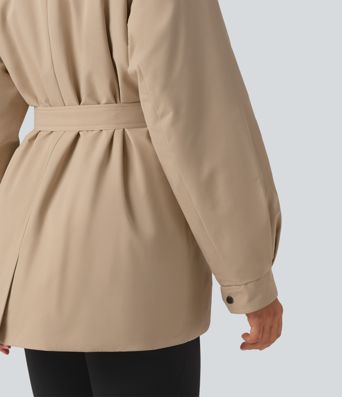 Water Repellent Lapel Collar Long Sleeve Belted Work Padded Jacket with Pockets Water Repellent Lapel Collar Long Sleeve Belted Work Padded Jacket with Pockets