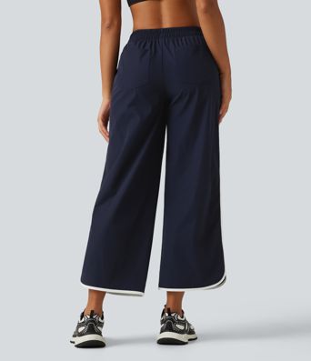Mid Rise Curved Hem Wide Leg Color Block Running Pants with Pockets