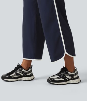 Mid Rise Curved Hem Wide Leg Color Block Running Pants with Pockets