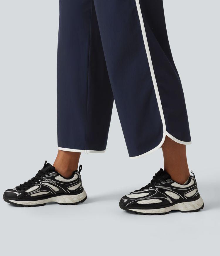 Mid Rise Curved Hem Wide Leg Color Block Running Pants with Pockets